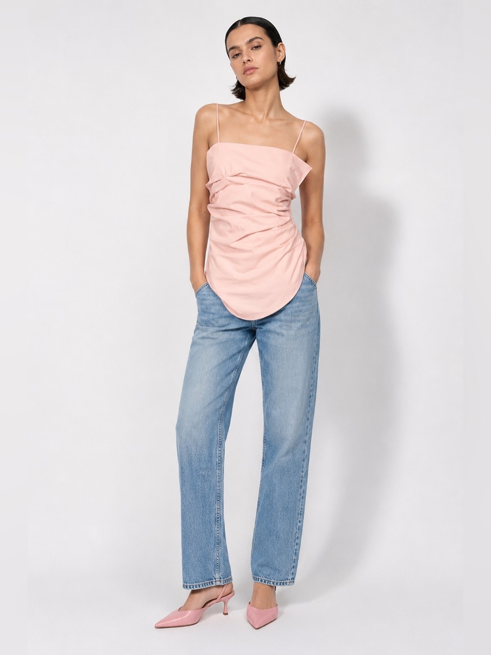 Women’s light pink asymmetrical top- rushed draping, spaghetti straps.M